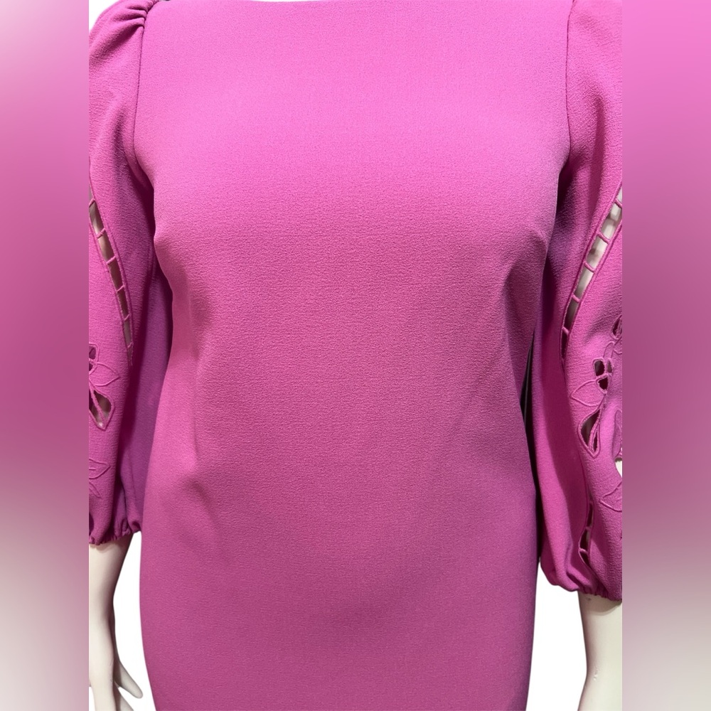 NWT Vince Camuto Sz 10 Boat Neck 3/4 Laser-Cut Puff Sleeve Crepe Sheath Dress - Picture 7 of 10